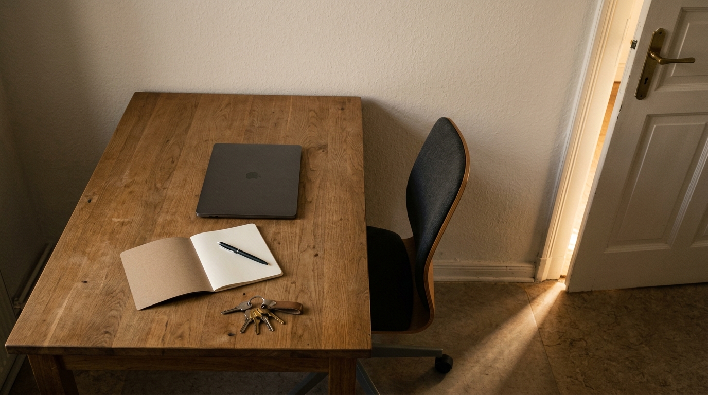Ein für einen neuen Mitarbeiter vorbereiteter Arbeitsplatz: leerer Holztisch, Stuhl, zugeklappter Laptop, Notizbuch und Schlüsselbund, im Hintergrund eine halb geöffnete Tür.
